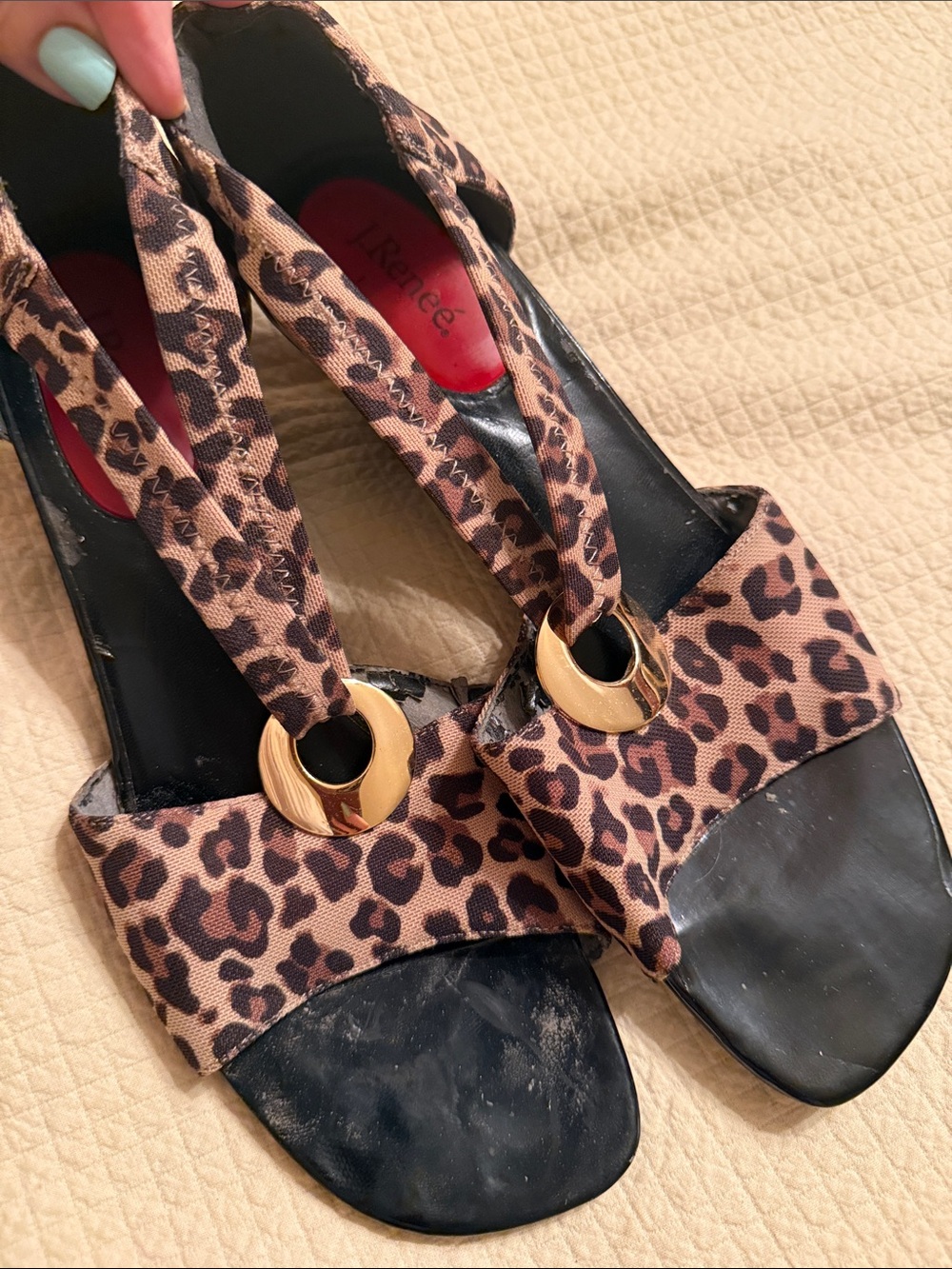 J.Renee Leopard Print Strappy Heels with Gold Ring Accent